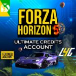 Forza Horizon 5 Spielwerbung mit Auto und Kontodetails.