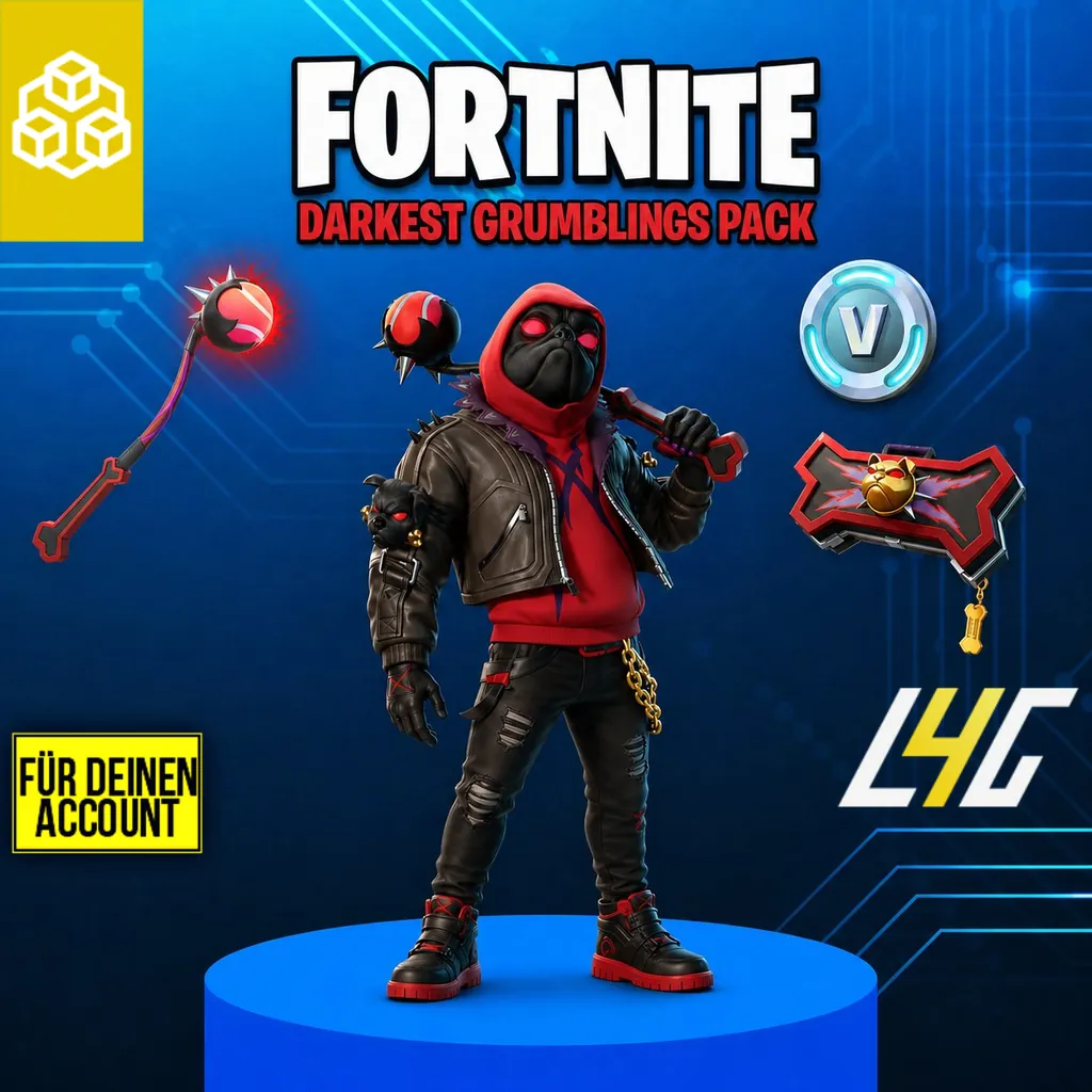 Fortnite Darkest Grumblings Pack - Hunde-Outfit, Spitzhacke, Back Bling und V-Bucks fuer deinen Account