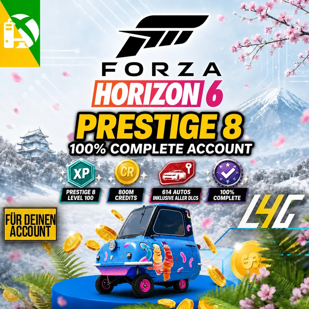 Forza Horizon 6 100% Komplett-Account – Prestige 8, Level 100, 800M Credits, 614 Autos
